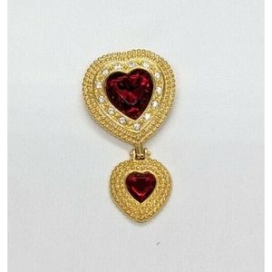 Victoria Secrets Signed Golden Double Heart Red & Clear Crystal Dangle Pin